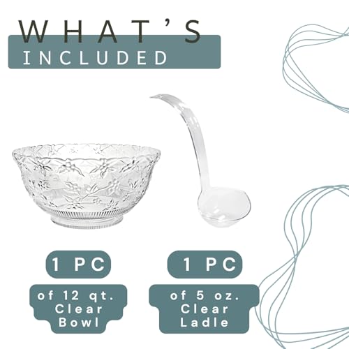 Large 3-Gallon Plastic Punch Bowl with Ladle, Embossed Clear Serving Bowl