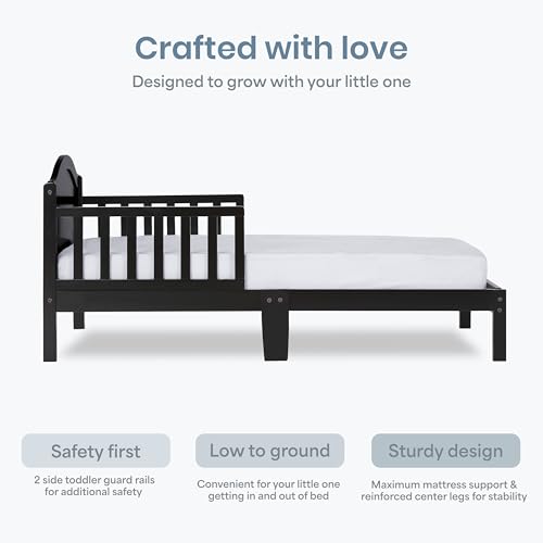 Solid Pinewood Toddler Bed Frame with Safety Rails & Arched Panel - Black