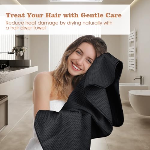 Black Microfiber Hair Towel Wrap 40" x 26.5" - Fast Drying, Curly & Thick Hair, Elastic Strap