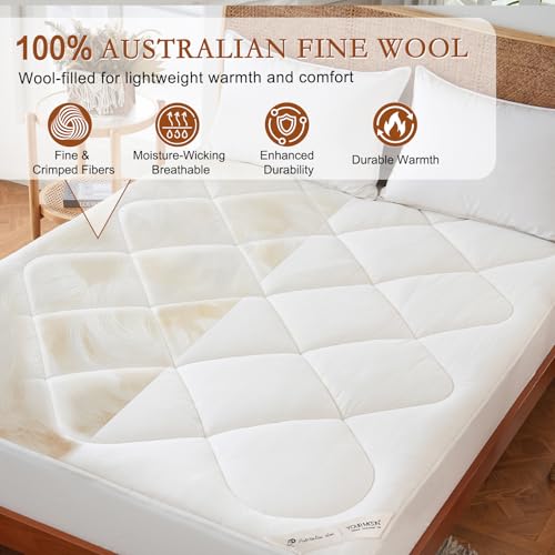 100% Wool Mattress Pad Queen - 500 GSM, Natural Cotton Cover