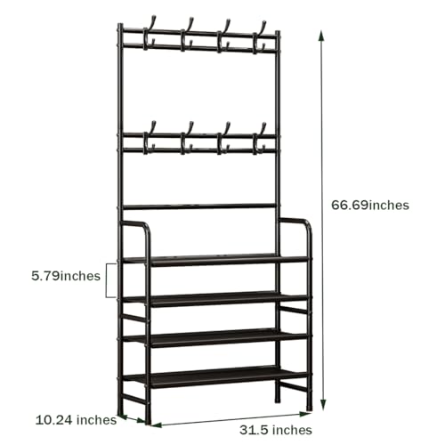 4-Tier Metal Hall Tree with Shoe Rack and Coat Hooks, Freestanding Organizer