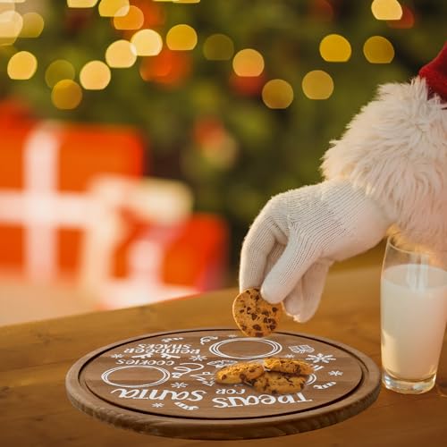Santa Cookie Plate Round Wooden Treat Tray 9.8in Xmas Eve Platter
