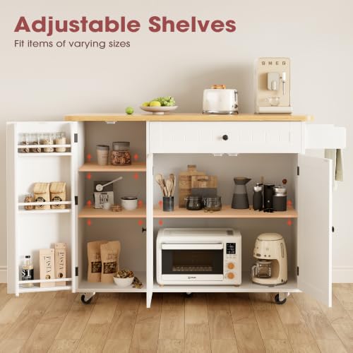 Kitchen Island with Storage, Rolling Cart with Drop Leaf and Spice Rack