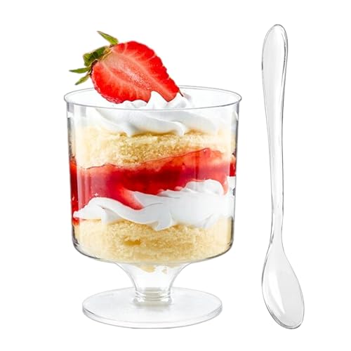 Zezzxu 5 oz Mini Dessert Cups with Spoons, 40 Pack Small Dessert Cups Plastic Footed Goblet Glasses for Serving Trifles, Appetizers, Puddings, Mousse, Parfait
