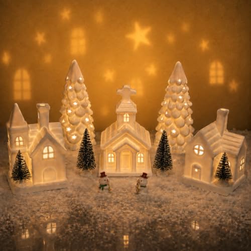 JesMolla 11-Piece White Ceramic Christmas Village Set with 6-Hour Timer, Battery-Operated Houses & Trees