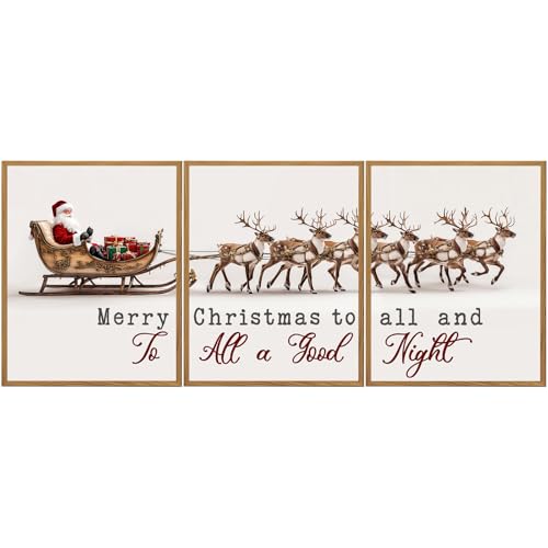 11x14 Inch Unframed Set of 3 Vintage Santa Reindeer Wall Art Prints