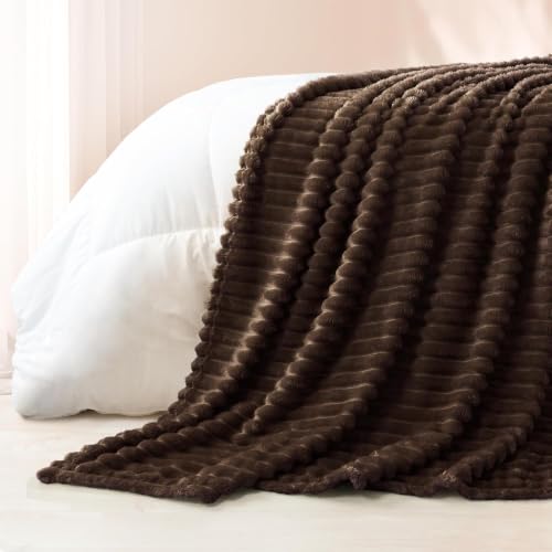 Exclusivo Mezcla Queen Size Striped Fleece Blanket - Coffee 90x90 in, Soft Cozy Bed Throw