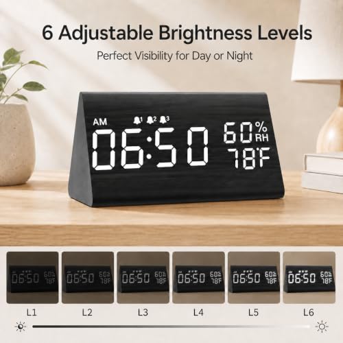 Wooden Digital Alarm Clock with Humidity and Temperature Display - Black