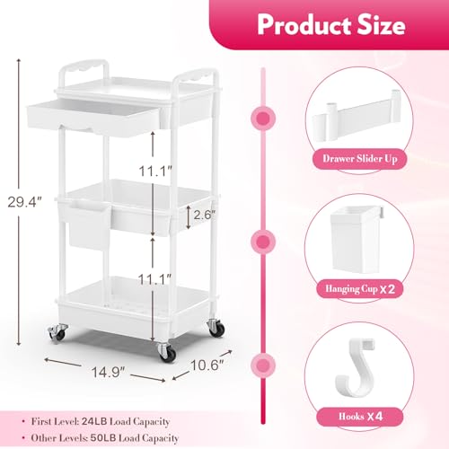 White 3-Tier Makeup Cart Organizer with Drawer - Rolling Vanity Storage