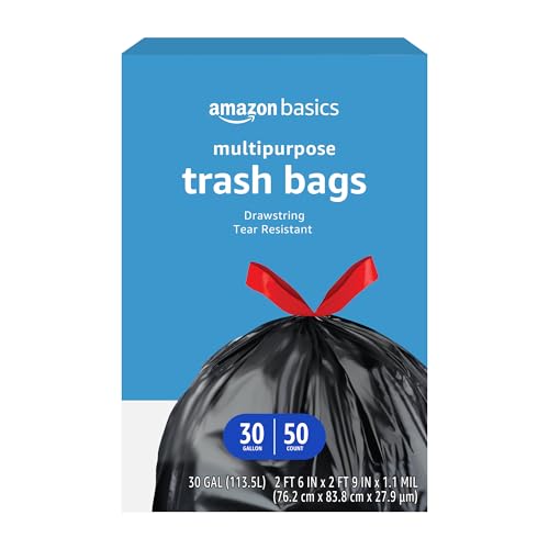 Amazon Basics 30 Gallon Drawstring Trash Bags, Tear-Resistant Black Garbage Bags, 50 Count