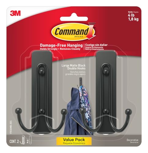 Large Matte Black Adhesive Wall Hooks - Damage-Free Hanging, 2 Pack