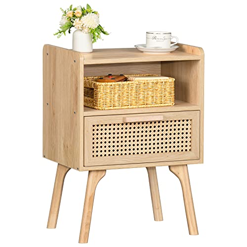 Rattan Nightstand with Drawer and Open Shelf, Boho Wood Side Table