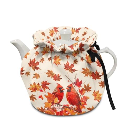 Insulated Teapot Cozy with Autumn Maple Leaf and Red Bird Design