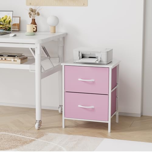 2-Drawer Pink Nightstand with Steel Frame and Wood Top