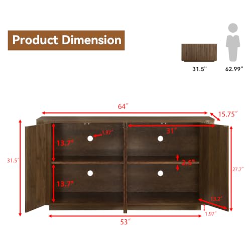 64" Fluted Wood Buffet Sideboard Cabinet with 4 Doors and Adjustable Shelves
