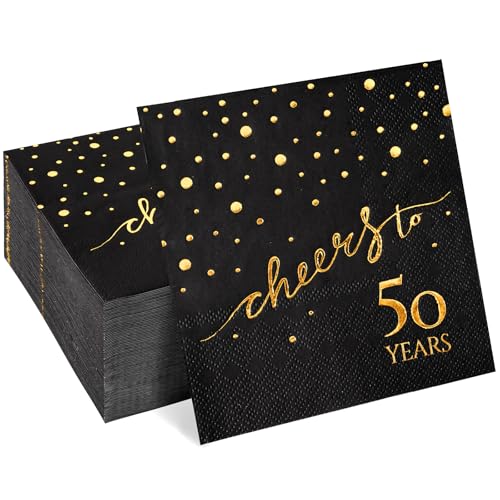 50th Birthday Napkins - Cheers to 50 Elegant Black & Gold Cocktail Party Pack, 100 Count
