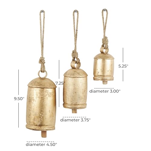 Rustic Gold Metal Cow Bells Set of 3 - Hanging Wall Decor with Jute Rope