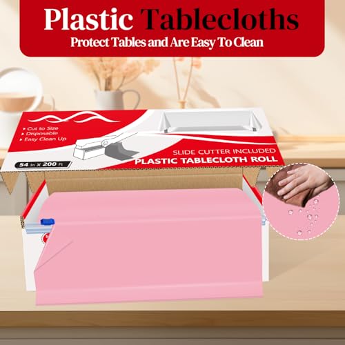 Pink Plastic Tablecloth Roll 54x200 Feet, Disposable Party Cover with Cutter