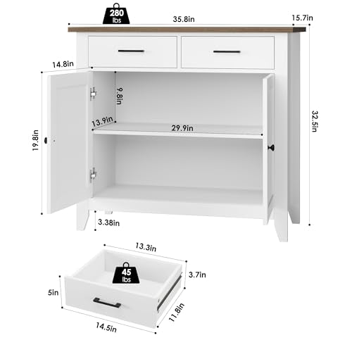 Farmhouse Kitchen Storage Cabinet, Buffet Sideboard with 2 Drawers and Doors
