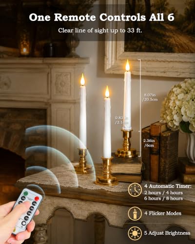 Rechargeable Flameless Taper Candles with Remote & Gold Holders - 6 Pack