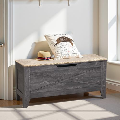 43-Inch Lift-Top Storage Chest Bench with Wicker Cushion and Safety Hinges