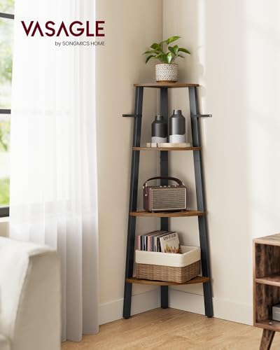 4-Tier Industrial Corner Shelf, Rustic Brown Wood and Metal Ladder Bookshelf