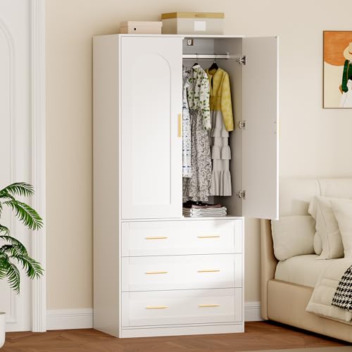 71-Inch Freestanding Wooden Wardrobe Closet with 3 Drawers and Hanging Rod