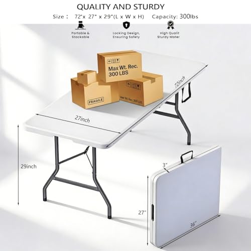 6ft Portable Folding Table, Heavy-Duty HDPE Utility Table with Carry Handle