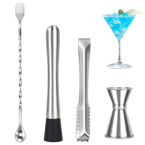 Silver 4-Piece Cocktail Bar Tool Set with Muddler, Jigger, Spoon & Tongs