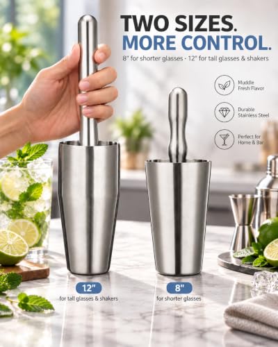 LEGERM Cocktail Muddler Set Short & Long Handle - 3 Piece Mojito Bar Tools