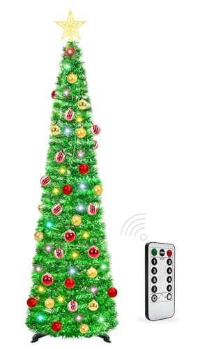HISFFOG 5ft Prelit Green Tinsel Artificial Christmas Tree with 8 Light Modes & Remote