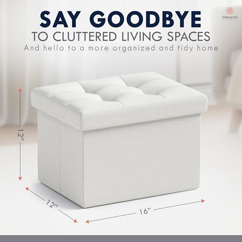 Small Storage Ottoman - Collapsible Linen Footrest Stool, White (12x16x12)
