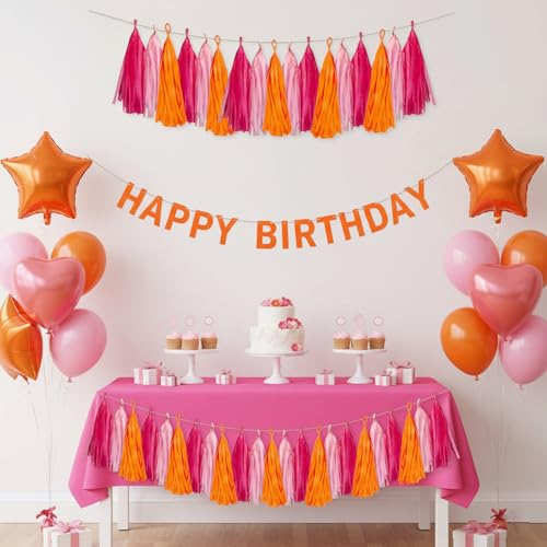 15 Pcs Hot Pink and Orange Tissue Paper Tassel Garland Party Decoration