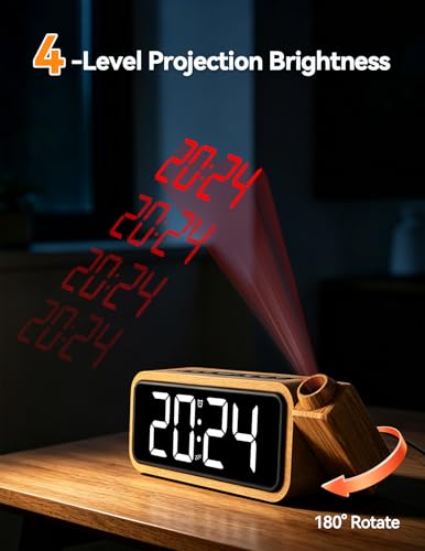 Wooden Projection Alarm Clock with Rotatable Projector for Ceiling