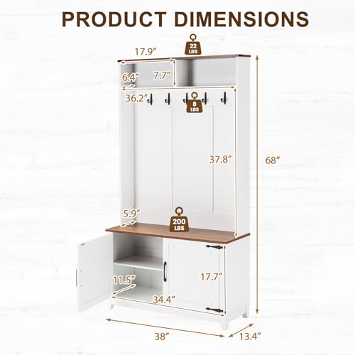 38-Inch Farmhouse Hall Tree with Bench, Shoe Storage, and Coat Rack