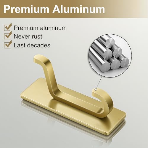 Brushed Gold Self-Adhesive Wall Hooks - Heavy Duty 12lb Towel & Coat Hooks