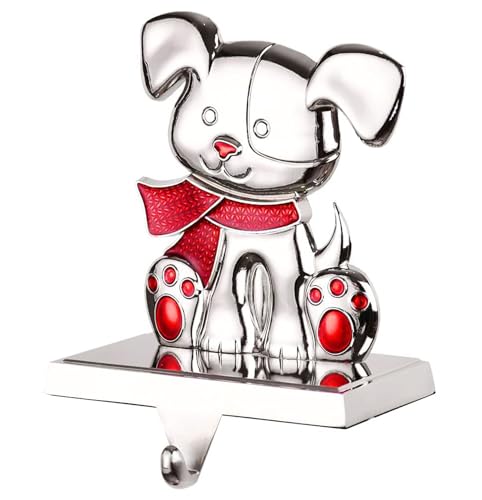 Layseri Christmas Dog Stocking Holder (New Dog) - Silver Mantle Clip Hanger for Fireplace