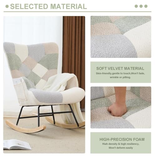 Teddy Upholstered Rocking Chair with Storage Pocket and High Backrest