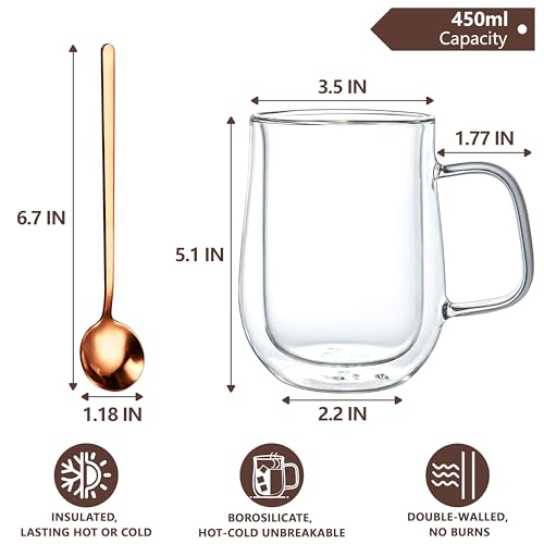 COMOME 16 oz Double Walled Borosilicate Glass Coffee Mugs Set of 2 with Spoons - Insulated Hot Beverage Cups