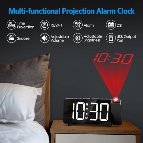 Digital Projection Alarm Clock with 180° Projector and LED Display