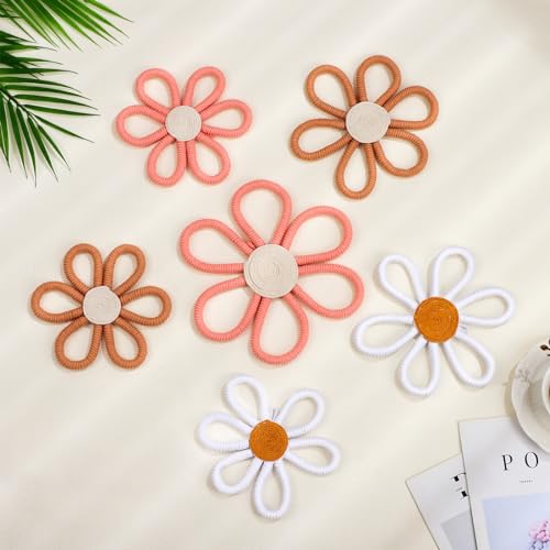 6-Piece Boho Daisy Flower Wall Decor, Woven Macrame Nursery Wall Art