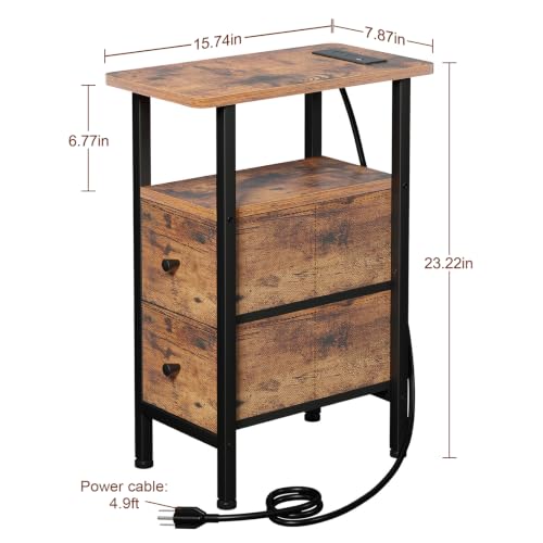 Narrow End Table with Charging Station & Fabric Drawers - Rustic Brown