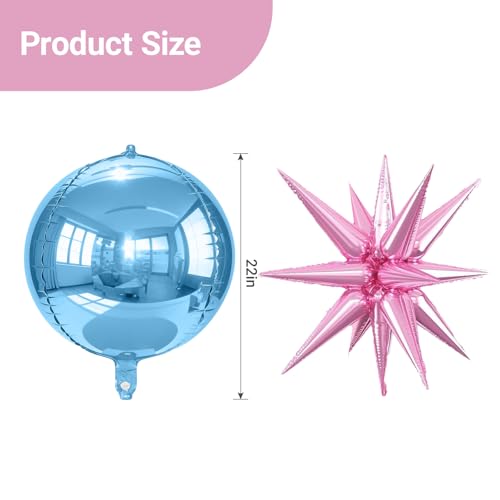 Alainzeo 6Pcs 22in Pink & Blue 4D Round & Star Balloons, Premium Foil Kit (Pink/Blue) for Birthday & Party