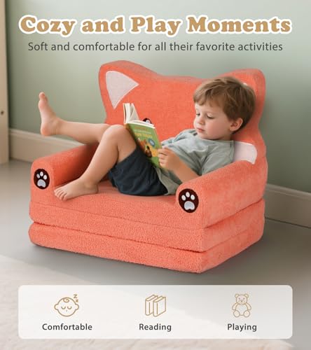 2-in-1 Foldable Toddler Couch with Blanket - Cute Fox Plush Sofa Chair