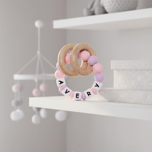 Personalized Baby Teether Rattle with Custom Name & Beech Wood Rings