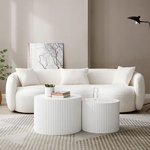 Modern Round Nesting Coffee Table Set of 2, Embossed Wood Drum Side Tables