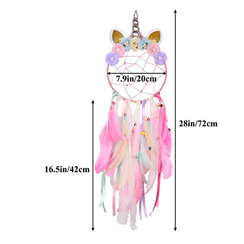 Unicorn Dream Catcher Wall Decor for Kids Bedroom with Feathers and Pearls