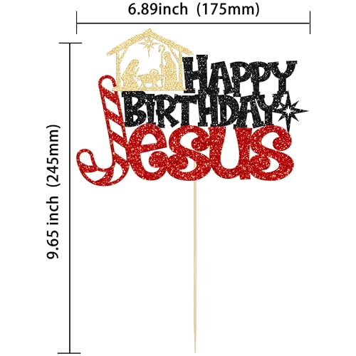 Ephlyn 1Pcs Happy Birthday Jesus Cake Topper - Glitter Nativity Theme (Black Red-7)
