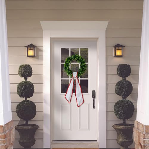 Canvas Wreath Sash for Front Door, White with Red Rick-Rack Trim