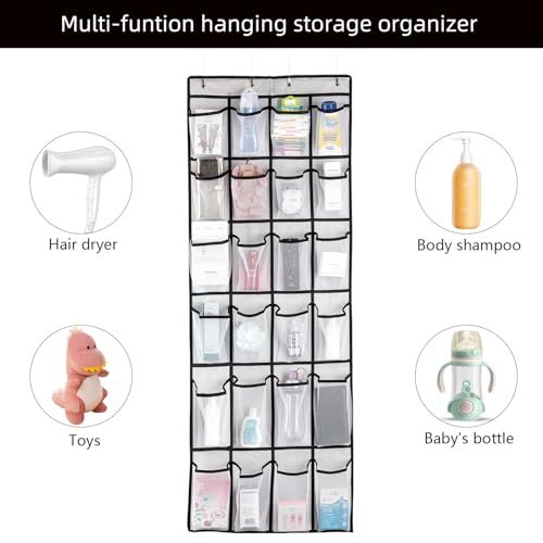 Over the Door Shoe Organizer with 24 Large Mesh Pockets, White Hanging Storage